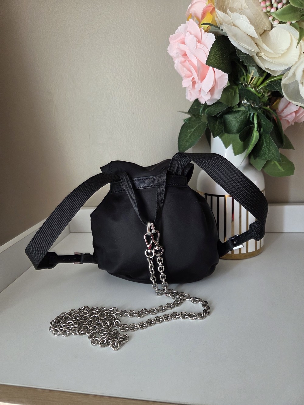 Prada Mini Re- Nylon Backpack Chain Crossbody Bag Silver /black - Picture 8 of 16